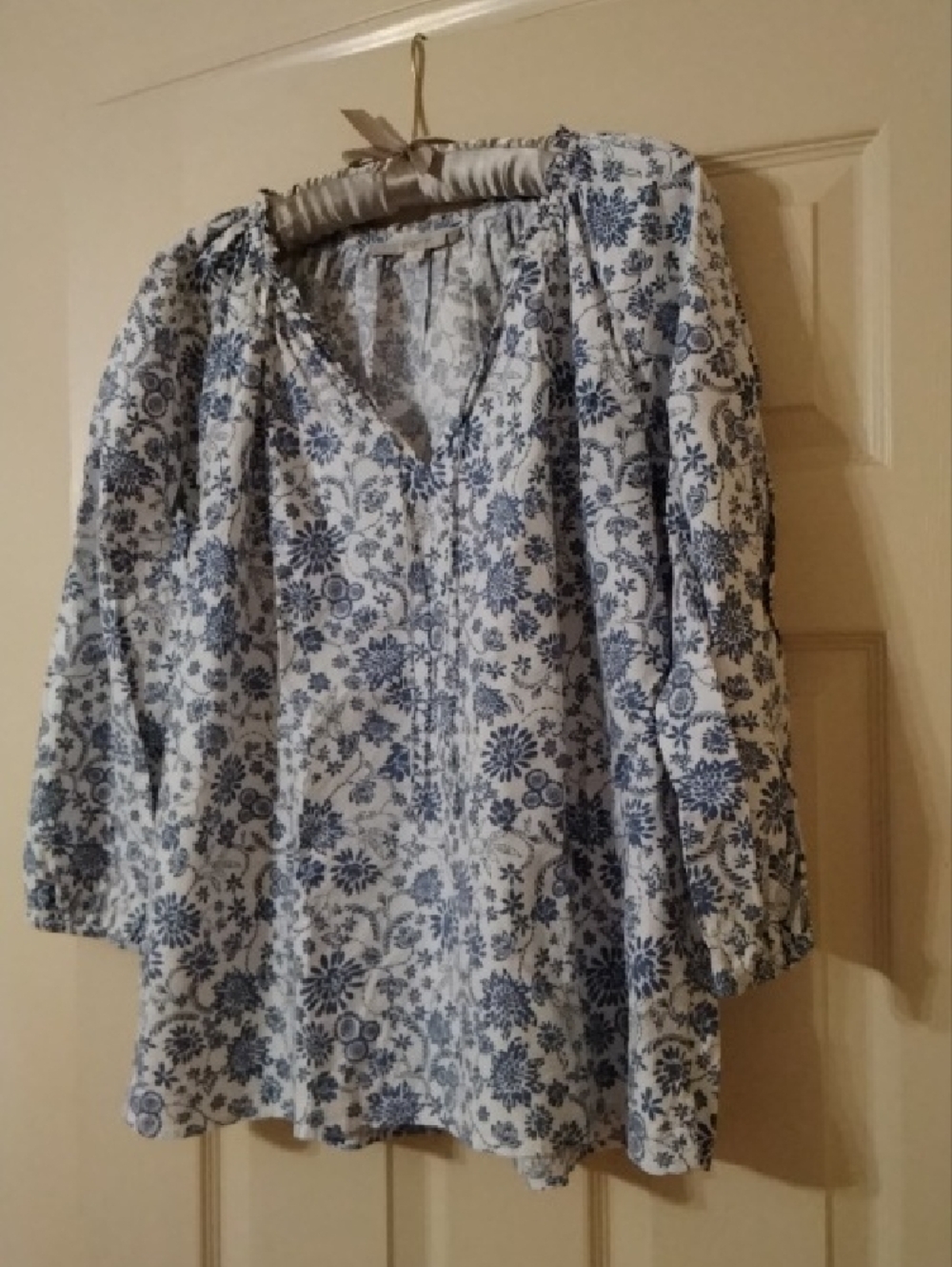 LOFT White Peasant Top with Blue Floral Print - Picture 3 of 7